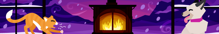 Blog header image featuring a fireplace, snowy window, and a minecraft dog and cat.